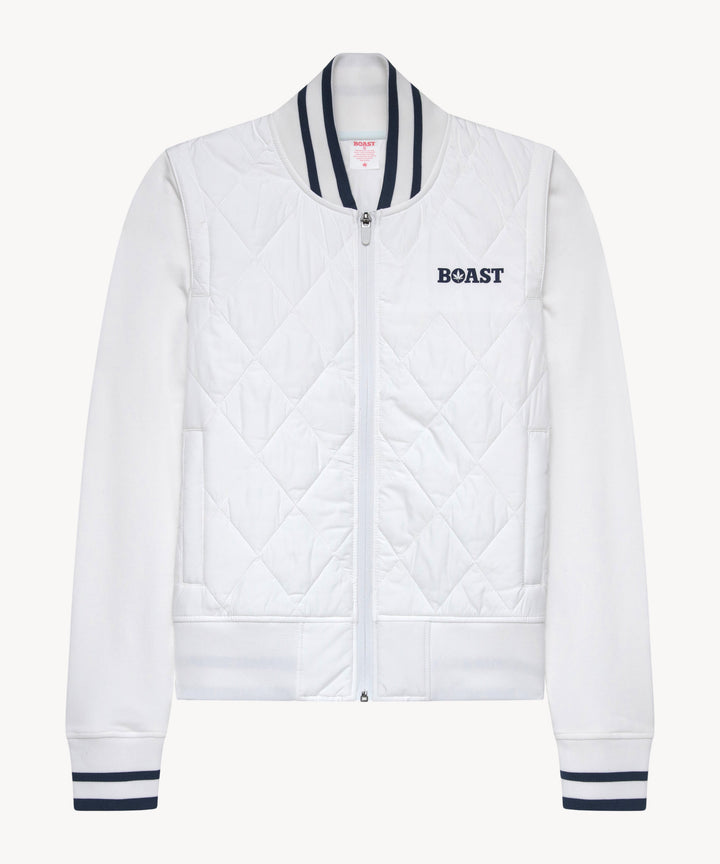Quilted Varsity Bomber in White