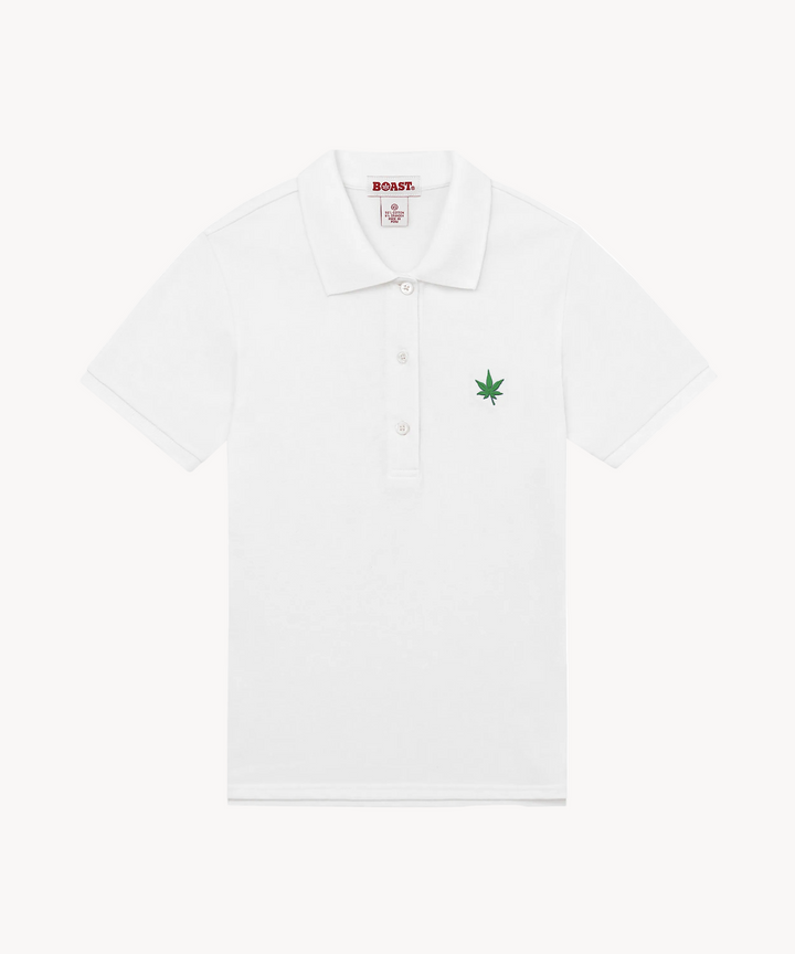 Women's Pique Polo - White with Green Leaf